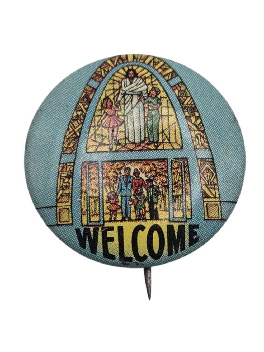 Vintage Concordia Religious Welcome Button Pin 1 inch Stained Glass Church